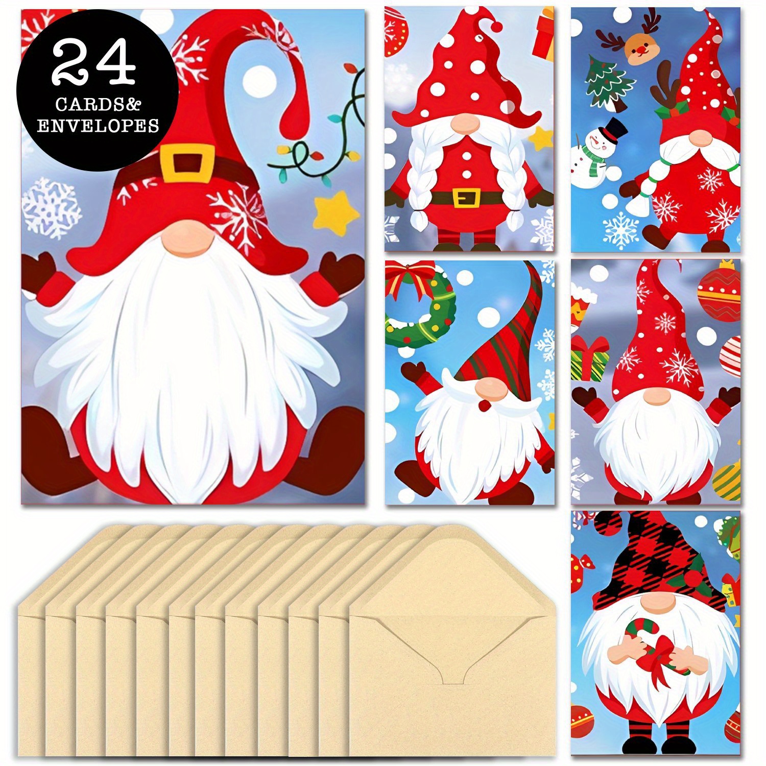 

24-pack Christmas Gnome Holiday Greeting Cards With Envelopes, Paper Note Card Set, Assorted Cute Dwarf Designs, No Feathers, Festive Stationery For Friends And Family