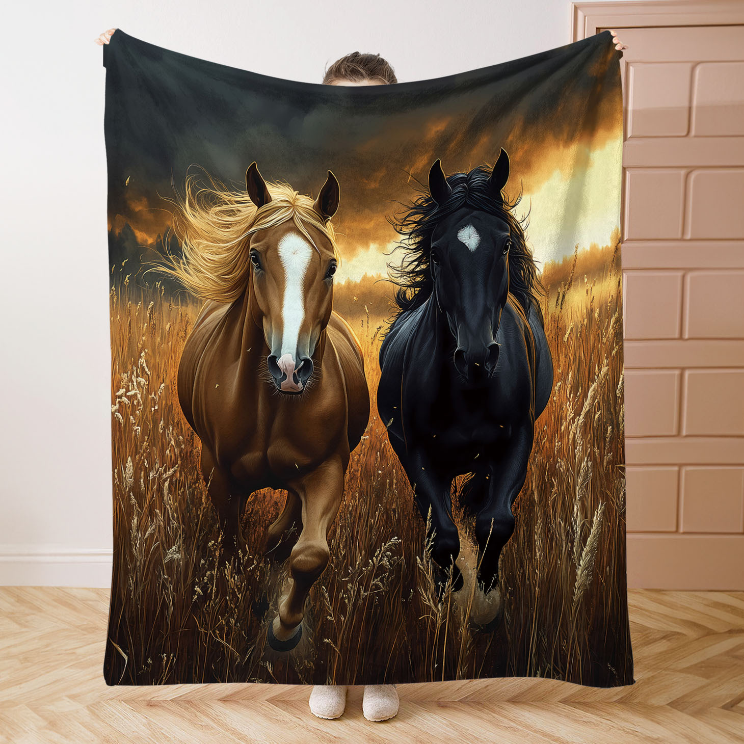 

Gallop Into Comfort: Mid-century Style Flannel Throw Blanket With Horses Print – Soft Polyester Knit, For Bed, Sofa, Office, Camping – Animal-themed Decor