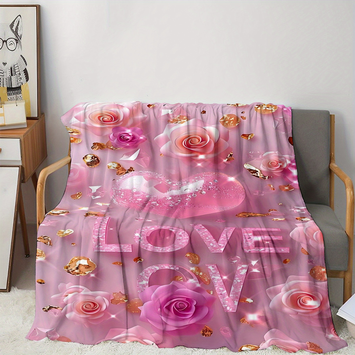 valentines day pink i love you throw blanket soft warm high quality flannel fleece for couch bed and camping versatile     with   digital rose and heart pattern details 9