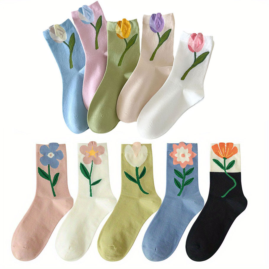 

5/ 10 Pairs Of Women's Socks Cartoon Candy Harajuku Style Mid Tube Socks Mixed Color Tulip Breathable Casual Socks