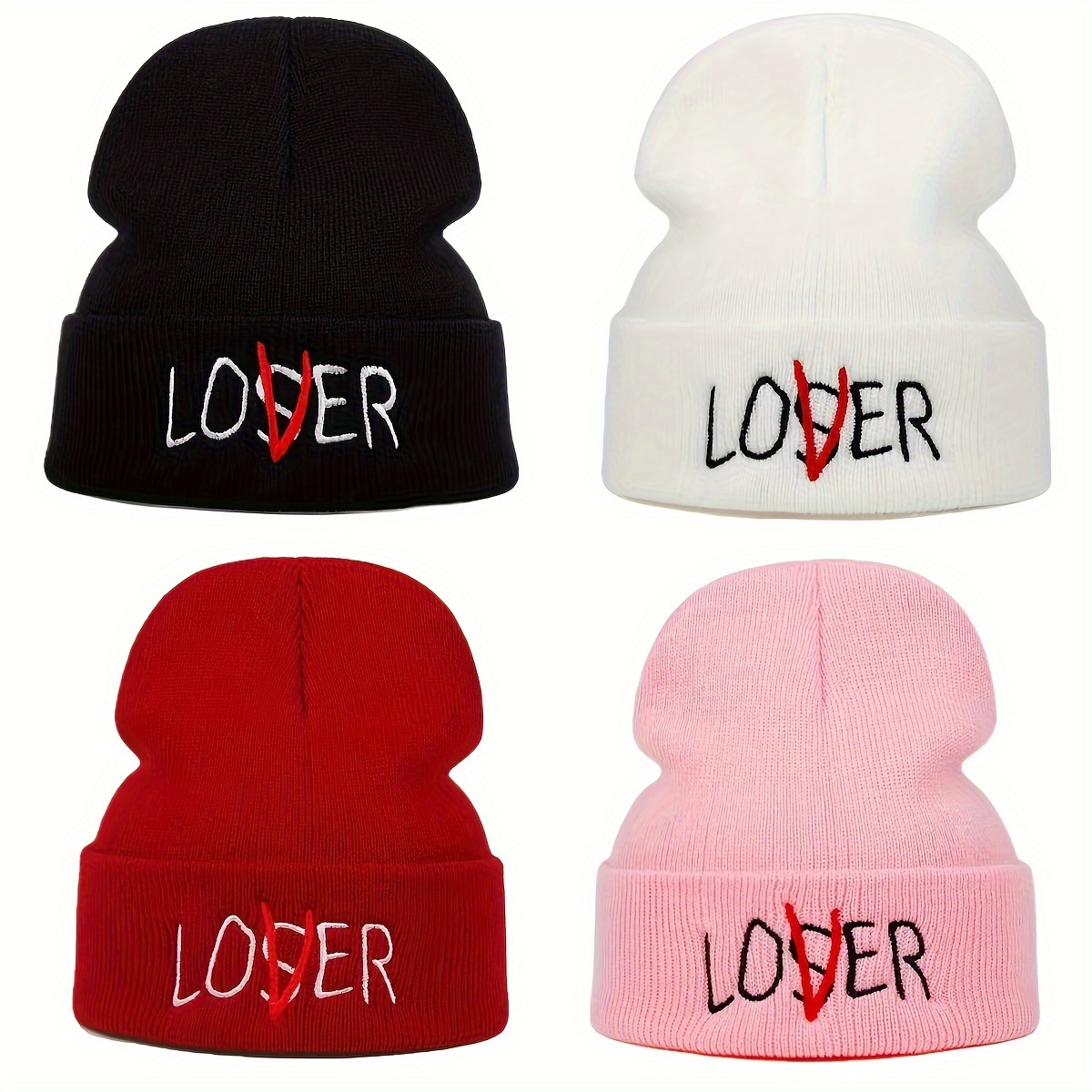 

lover" Embroidered Beanie - Warm, Stretchy Acrylic Knit Hat In Black, White, Red, Pink | Funky Hip-hop Style For Fall & Winter | Hand Or Only