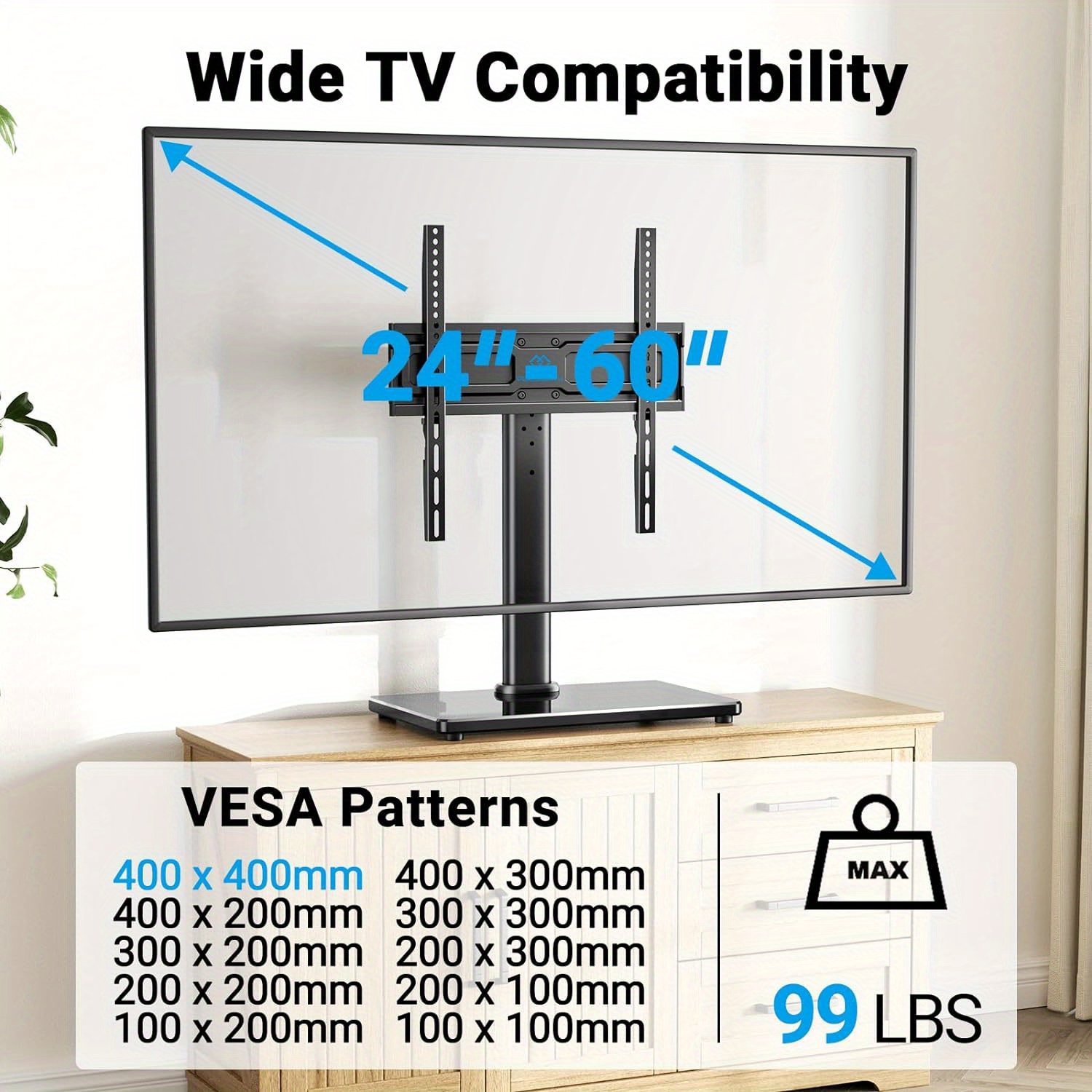 

Universal Swivel Tv Stand For 24-60 Inch Tvs Up To 99 Lbs, Ideal For Living Rooms, Bedrooms, And Offices, 8 Height Adjustable Table Top Stand With Tempered Glass Base, Max 400x400mm