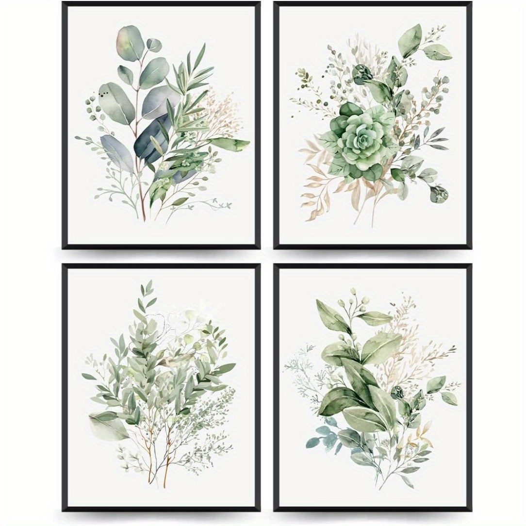 

4-pack Botanical Watercolor Floral Prints, Green Wildflower Decor For Bedroom, Bathroom, Farmhouse - Modern Posters, 8x10 Inch