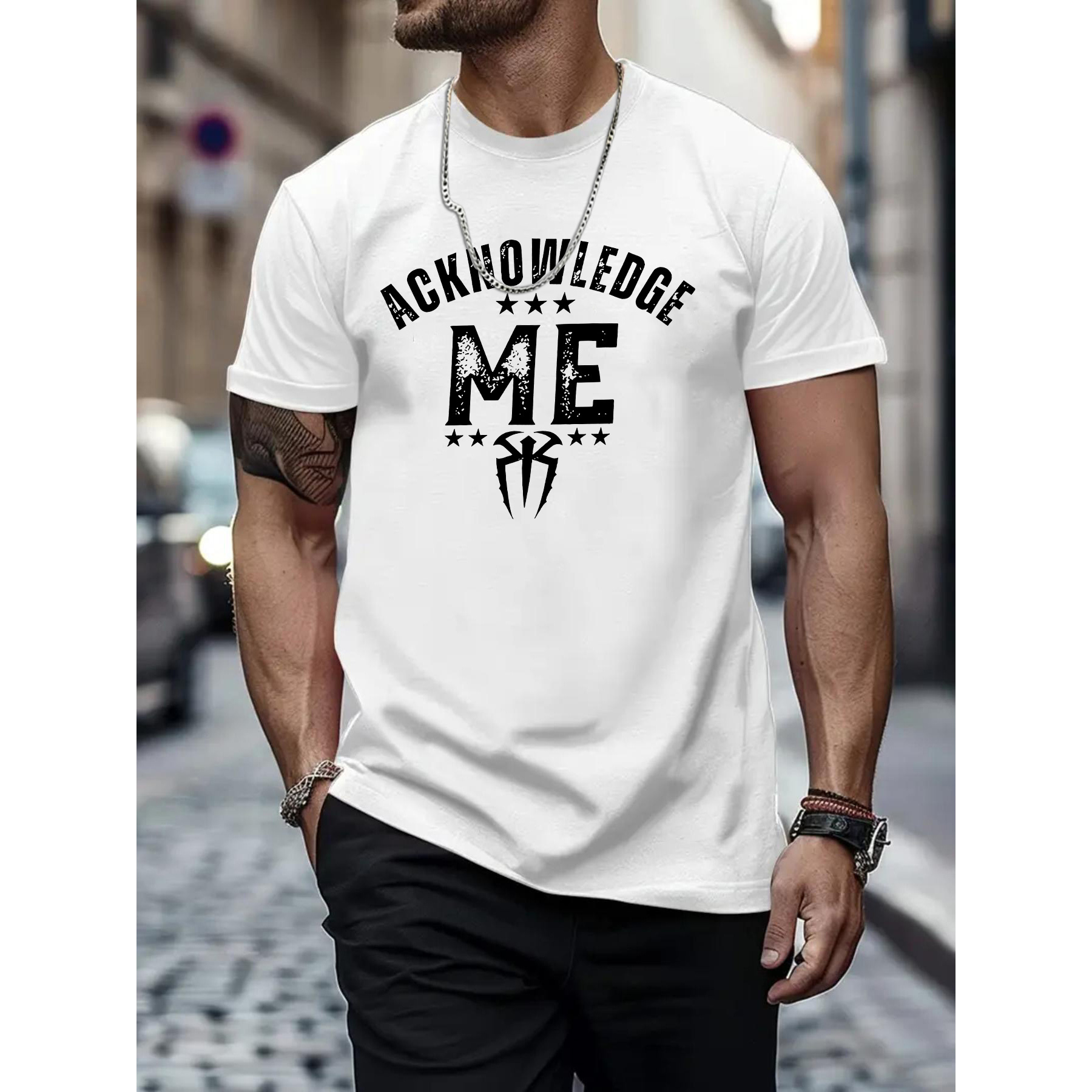 

Men's Fashion Casual Crew Neck T-shirt With "acknowledge Me" Print, 100% Polyester Knit Fabric, Regular Fit Slight Stretch Top With Alphabet Pattern Details For Spring/summer