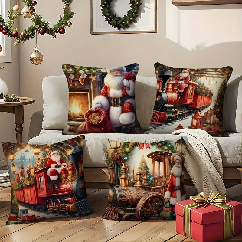 

A Set Of 4 Winter-themed Throw Pillowcases With Single-sided Prints Of Santa Claus And , Suitable For Home And Outdoor Sofa Decor Pillowcases (does Not Filling).