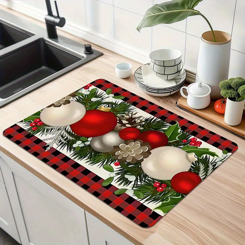 

Christmas Drying Mat Set - 1pc Polyester Dish Drying Pad With Ball Pattern, Absorbent Rubber Countertop Mat For Kitchen & Bathroom, Soft & Washstand Faucet Cup Mat For Holiday Decor