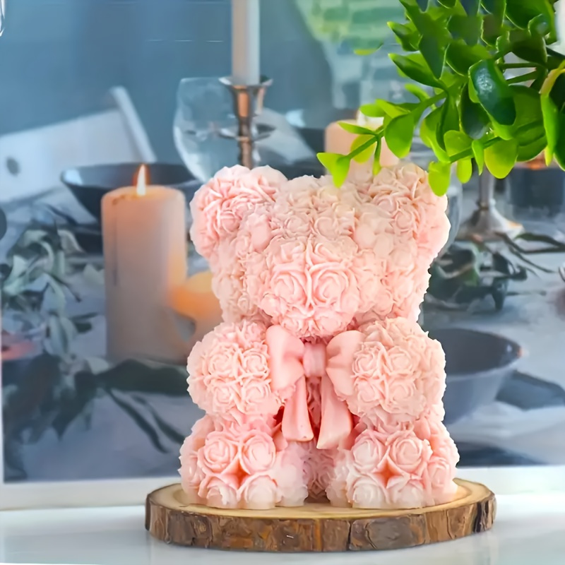 

1pc Elegant 3d Rose Bear & Silicone Mold - Crafting Aromatherapy Candles & Soaps, With Satin Bow, Ideal Valentine's Day Room Decor