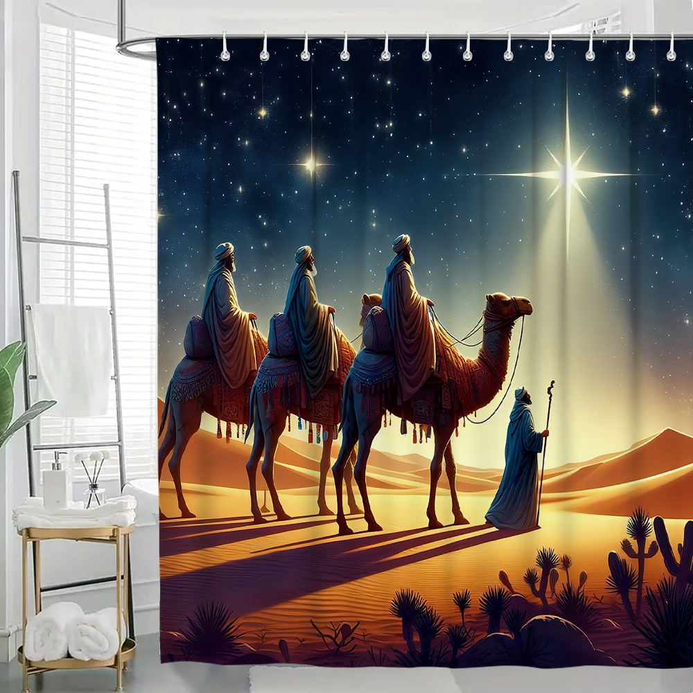 

1pc Christmas-themed Waterproof Shower Curtain - Polyester, Fashionable Bathroom Decor With 12 Hooks Included, Home Use, Bathroom Curtain