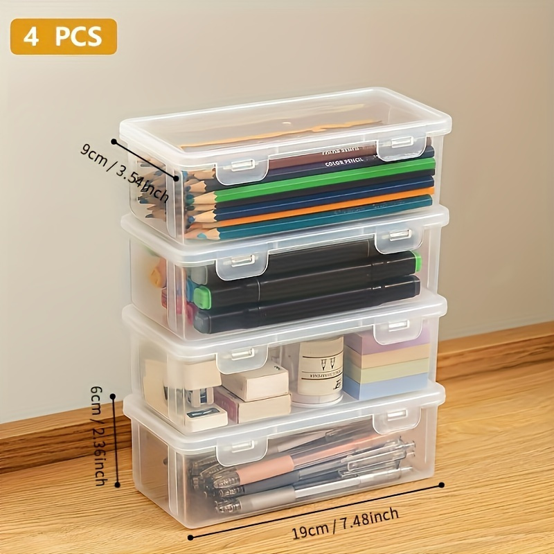 

4-pack Transparent Pp Plastic Storage Containers With For Office, School Supplies - Pens, Pencils, Marker, Craft Organizer Boxes