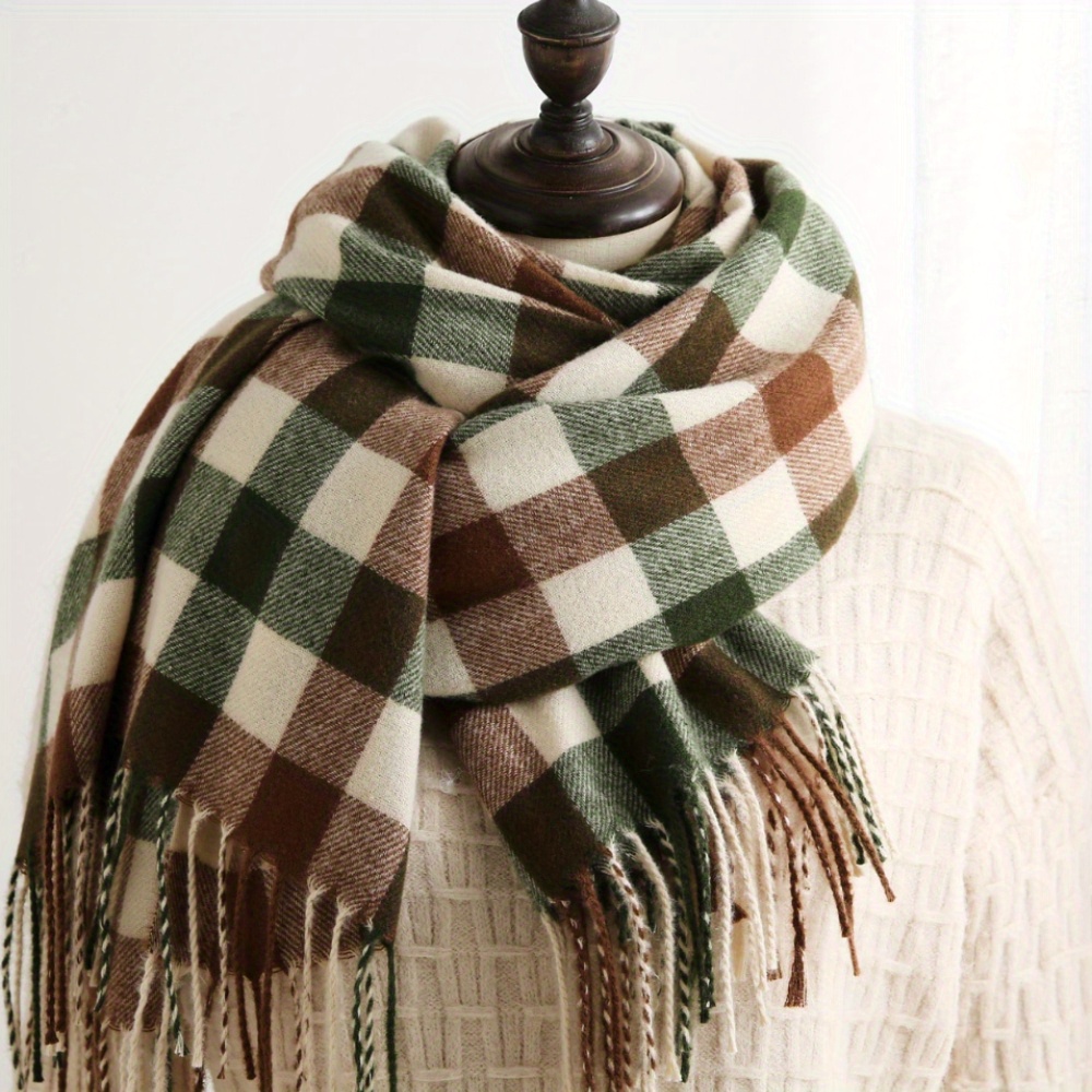 

Cozy Tassel Scarf For Women - Thick Warm Shawl , Brown & Beige Checkered Pattern, Autumn And Winter Outfits