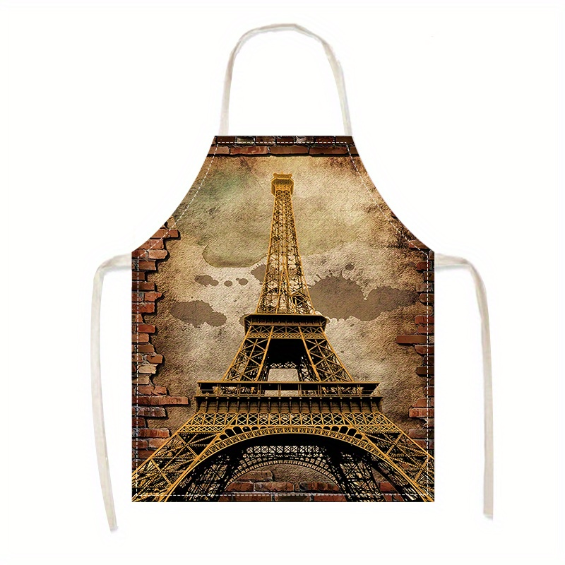 

1pc Vintage Eiffel Tower Print Apron - 100% Linen Woven Kitchen Cooking Apron, Oil-resistant Durable Cleaning Apron For Home, Party, And Holiday Decor