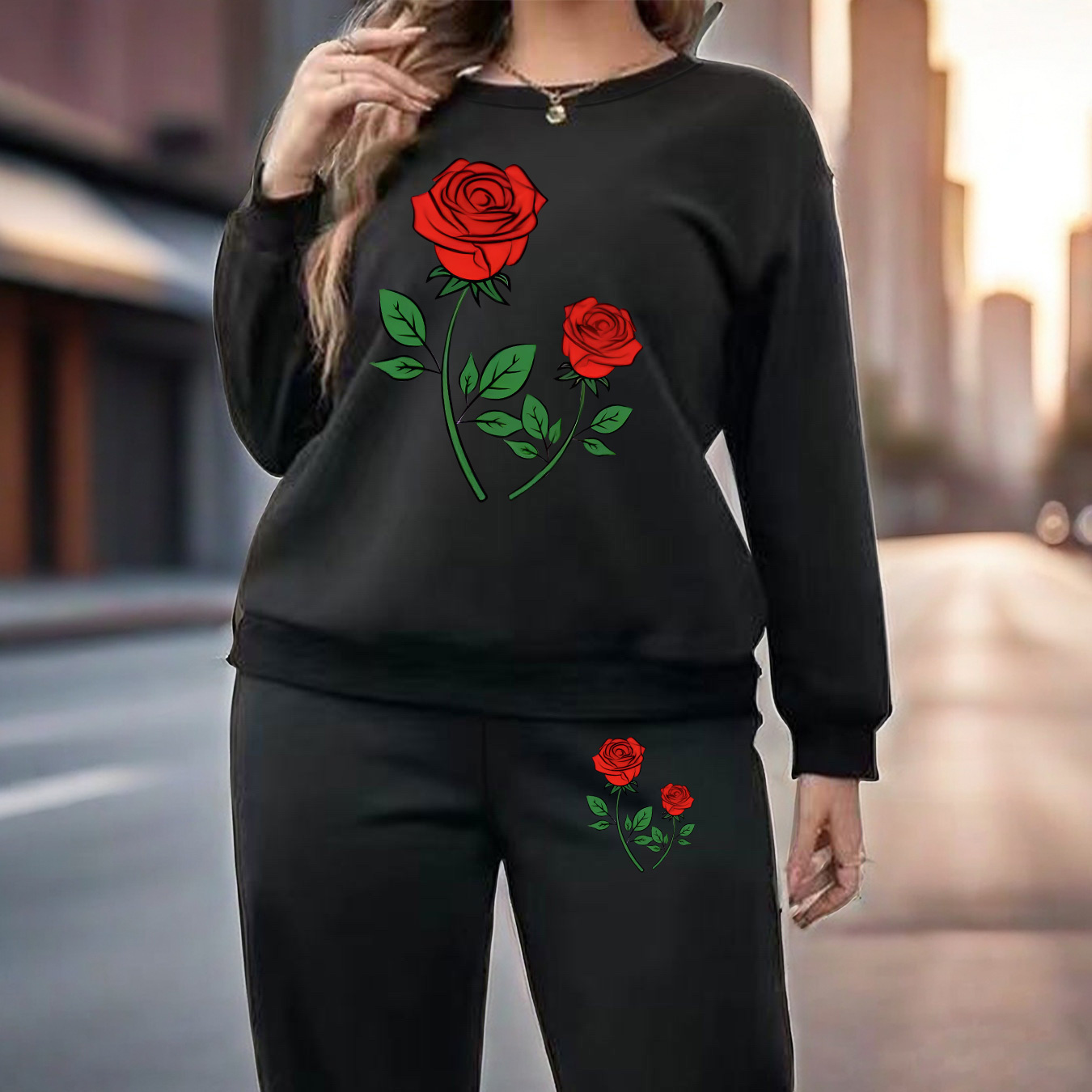 

Plus Size Rose Print Two-piece Set, Casual Crew Neck Long Sleeve Sweatshirt & Sweatpants Outfits, Women's Plus Size Clothing