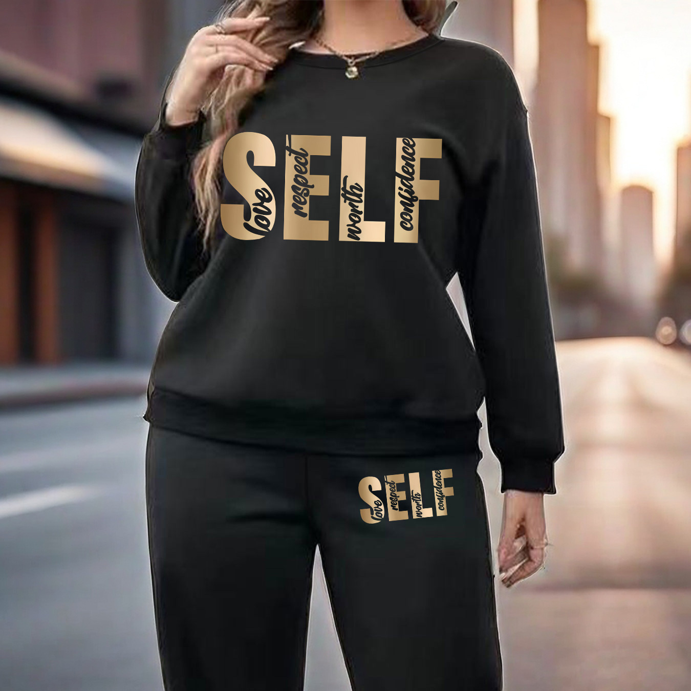 

Size Women's Fall & Winter Outfit - Letter Print Long Sleeve Crew Neck Sweatshirt With Casual Joggers Set, Machine Washable