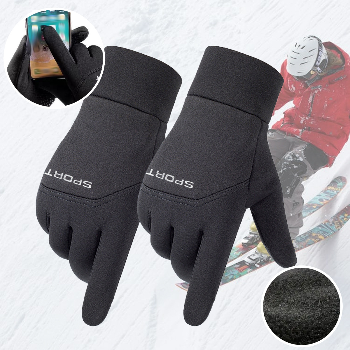 

Gants de sports isolés pour l'hiver - Tissu tricoté, style casual, 95% de polyester 5% d'élasthanne, compatible écran tactile, imperméable pour le cyclisme, le ski, mains chaudes