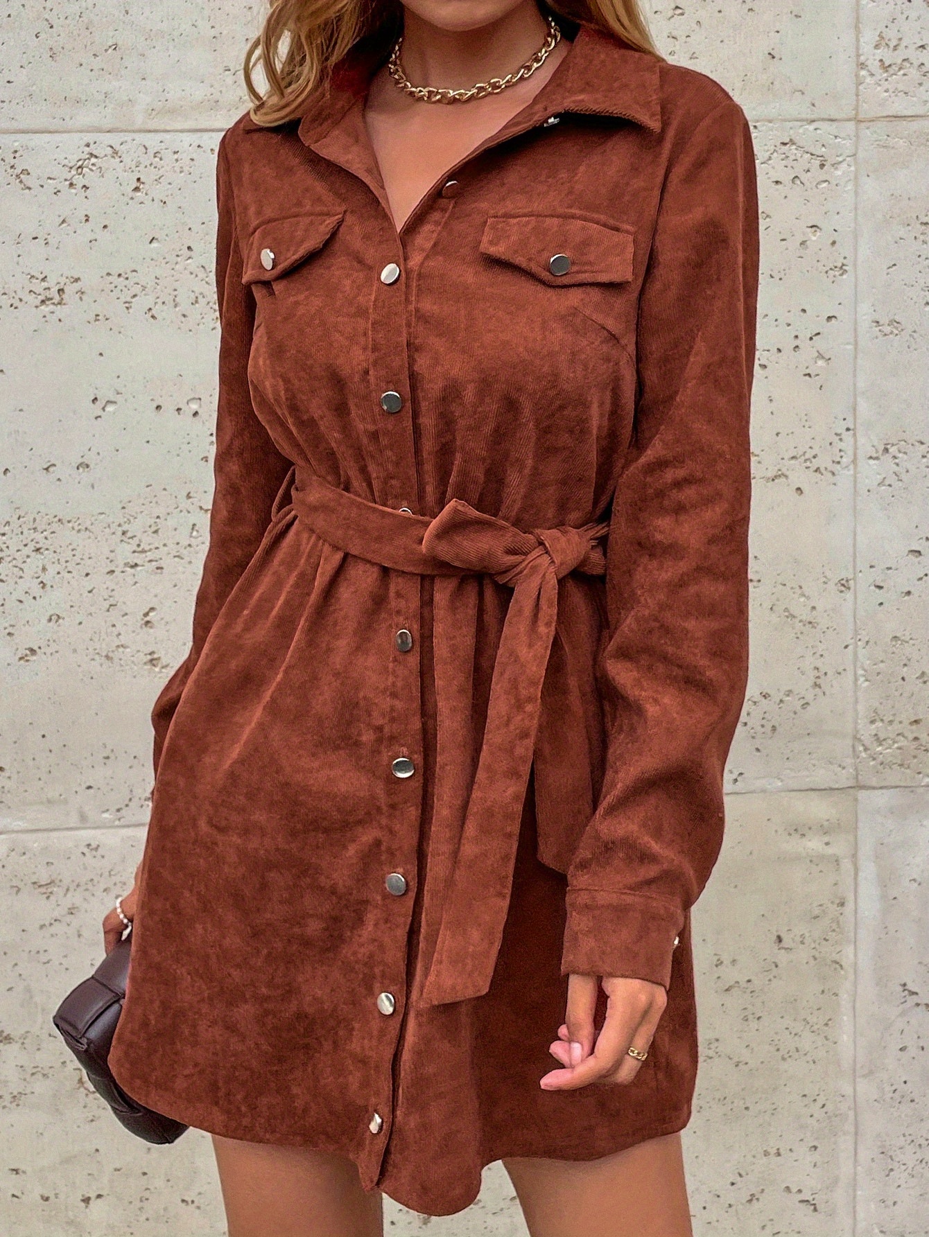 Elegant Brown Corduroy Shirt Dress for Women Chic with Long Sleeves,  Button-* and Tie Waist Polyester, Machine Washable