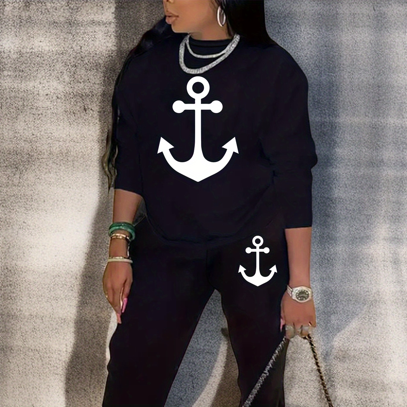 

Plus Size Anchor Print Two-piece Set, Casual Crew Neck Long Sleeve Sweatshirt & Sweatpants Outfits, Women's Plus Size Clothing