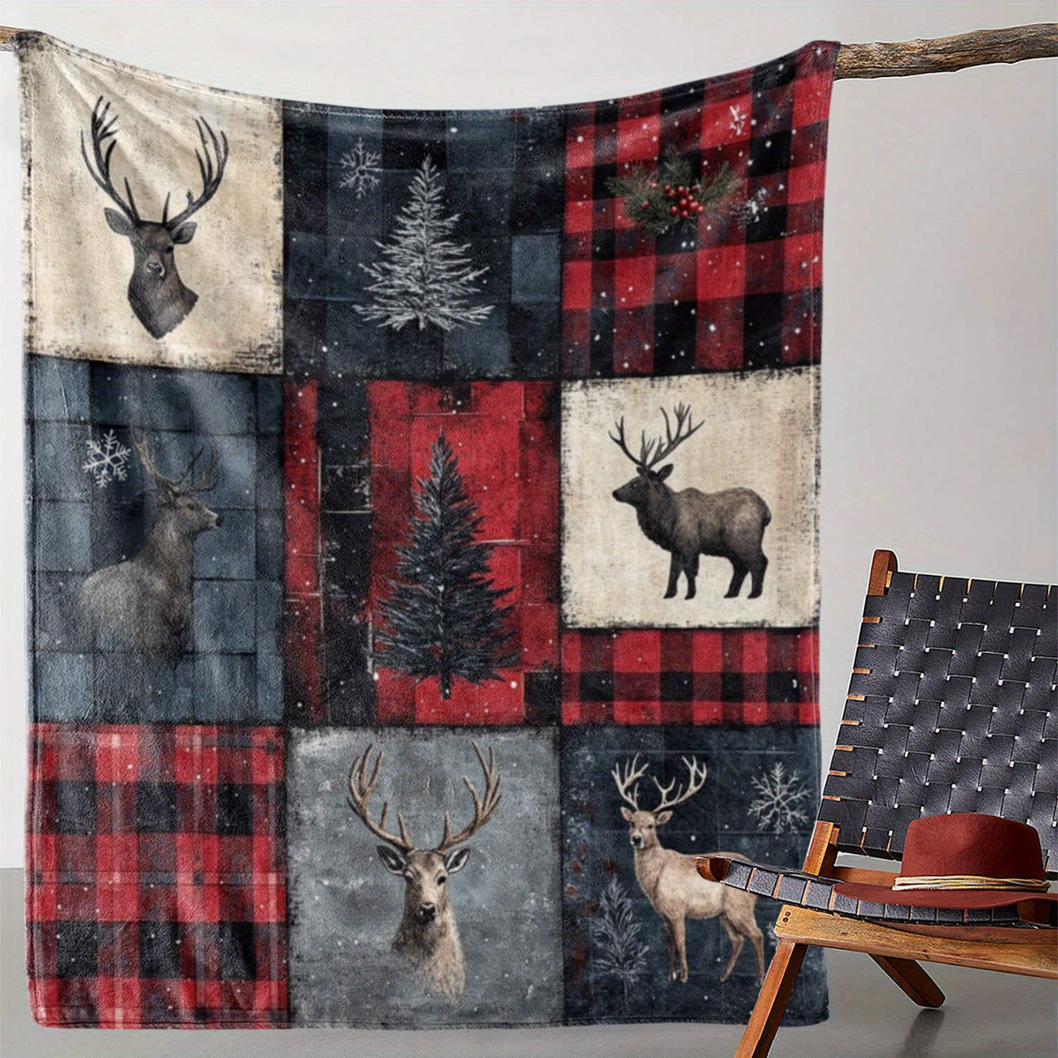 

Cozy Flannel Throw Blanket With Cedar, & Reindeer Print - Soft, Warm For Sofa, Bed, Car, Office, Camping, Travel - Vintage Style, Gift Blanket,