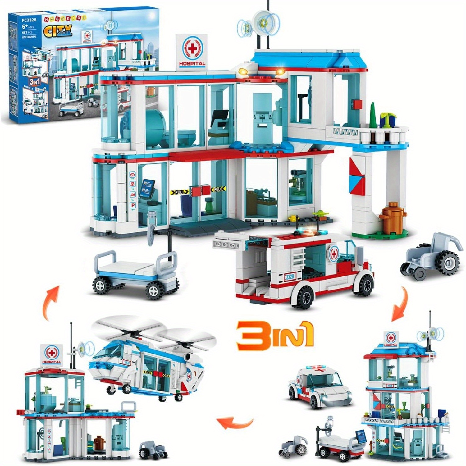 

Hogokids City 3 In 1 Hospital Building Set - 638 Pcs Stem Rescue Helicopter Emergency Toy Ambulance Truck With Hospital Bed Wheelchair Playset Birthday Gift For Boys Girls Kids 6 7 8 + Years Old