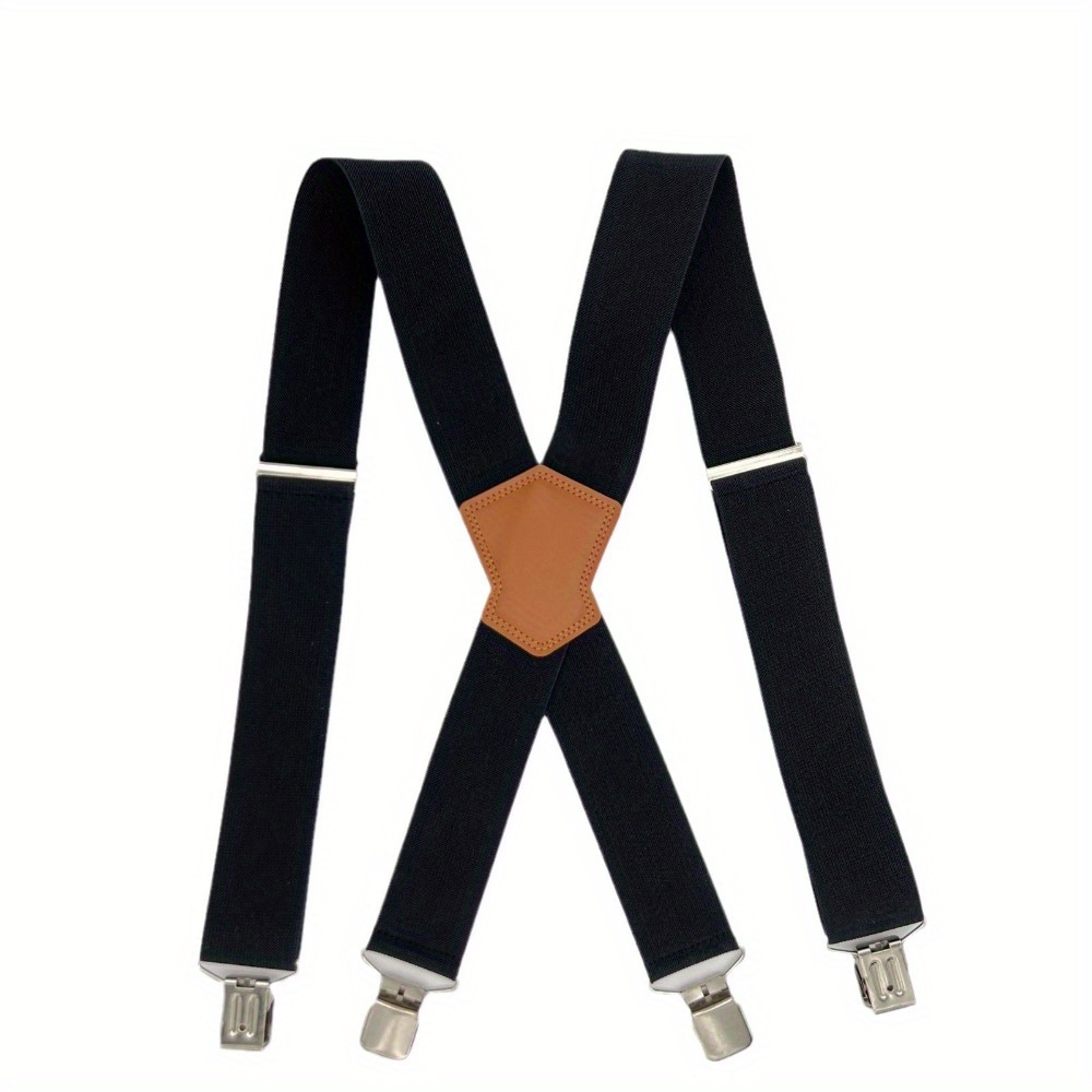 

Adjustable Men's Suspenders - Heavy-duty, Double-sided Clip, 5cm Wide, High- Polyester In Black With Brown Leather Patch - For Work & Casual Attire