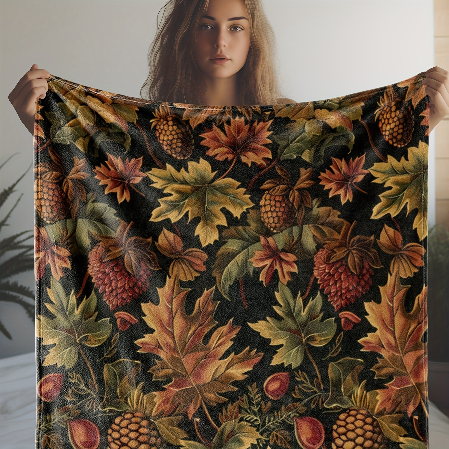 

Vintage Pinecone And Autumn Leaves Print Flannel Throw Blanket, Cozy Soft Warm All-season Knitted Throw For Sofa, Bed, Office, Car, Camping, Travel, 100% Polyester (250-300gsm) - Ideal Gift