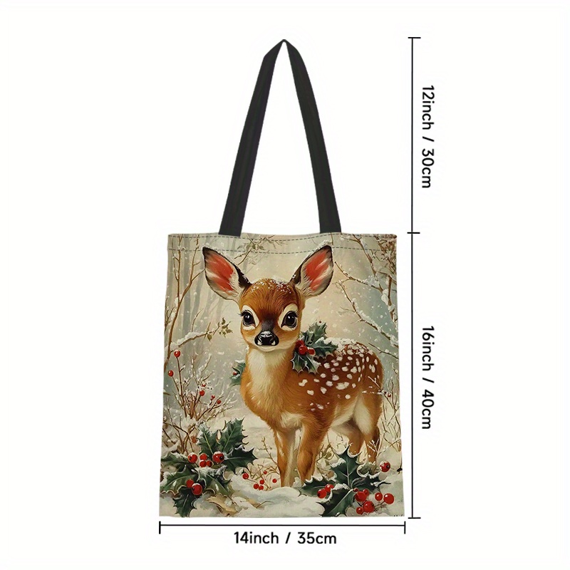 TEMU 1pc Large Capacity Deer Pattern Canvas Tote Bag – Durable Casual Handbag With Fixed Shoulder Straps, Use, Shopping, And Festive Occasions Like