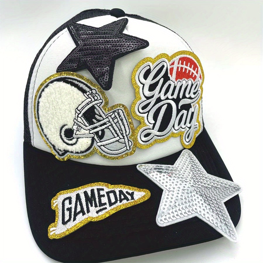 

5-piece Set Game Day Sports-themed Chenille Patches With Football Helmet And Stars - Embroidered Iron-on Appliques For Fans, Ideal For Clothing, Vests, Jackets, Denim, Bags, And Hats