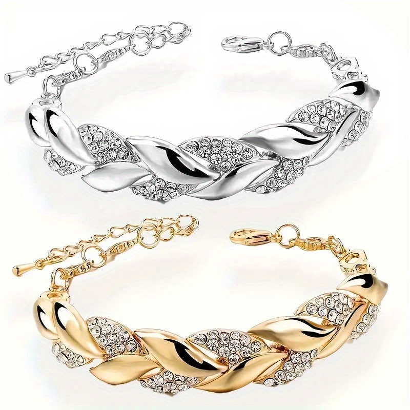 

2 Pcs Elegant - Chain Bracelet With Sparkling Rhinestones - Luxurious Alloy Bangle For Women, Weddings & Engagements