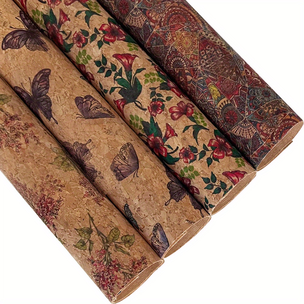 

Faux Leather Fabric Sheets For Crafts, 4 Pcs 8.2" X 11.8" Cork Patterned With Floral And Butterfly Designs, Ideal For Diy Handbags, Wallets, Shoes, Earrings, And Hair Accessories