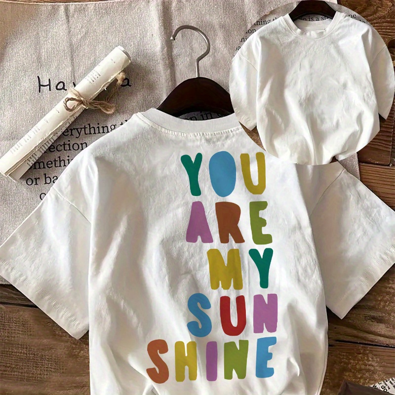 

Women's Casual Cotton T-shirt With "you Are My Sunshine" Letter Print, Round Neck, Regular Length, Knit Fabric, All-season Fashion Top