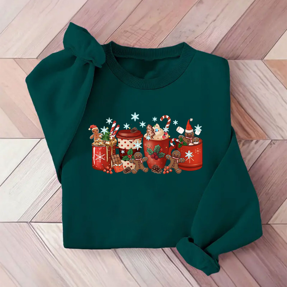 

Women's Festive Christmas Gingerbread Coffee Snowflake Print Crew Neck Sweatshirt - Polyester Knit Fabric Casual Pullover With Slight Stretch For Fall/winter