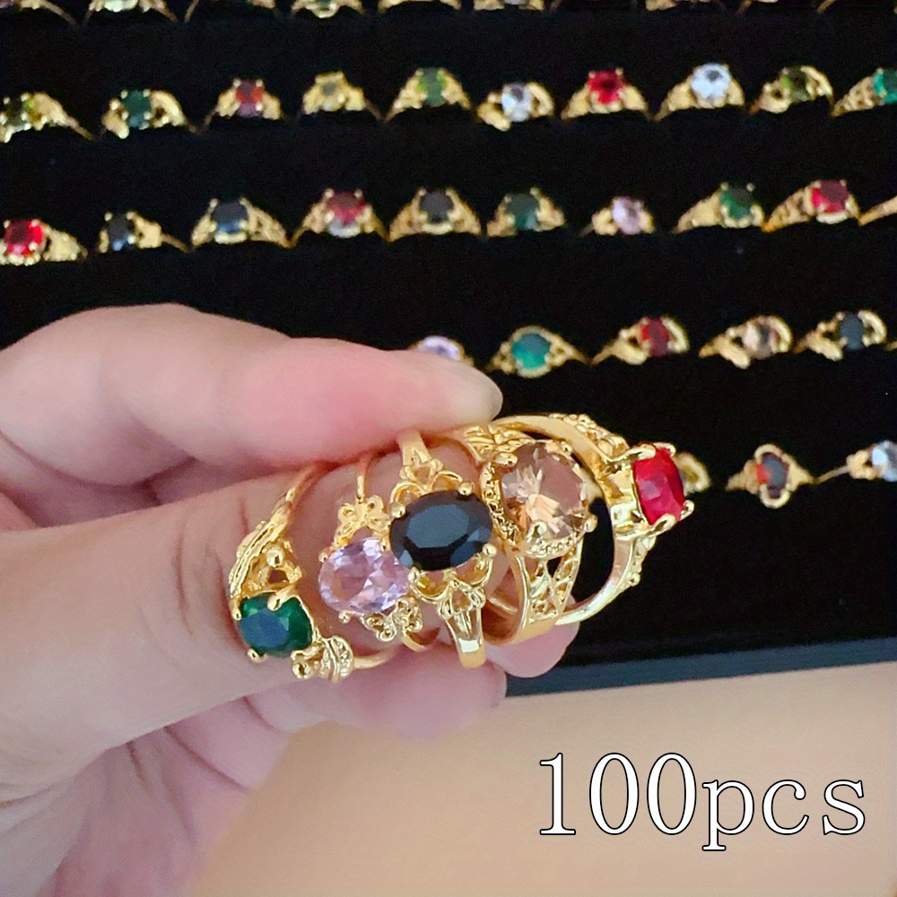 

100pcs Classic 4-claw Synthetic Zirconia Ring, Golden Mixed Finger Rings, Daily Weddings & Parties