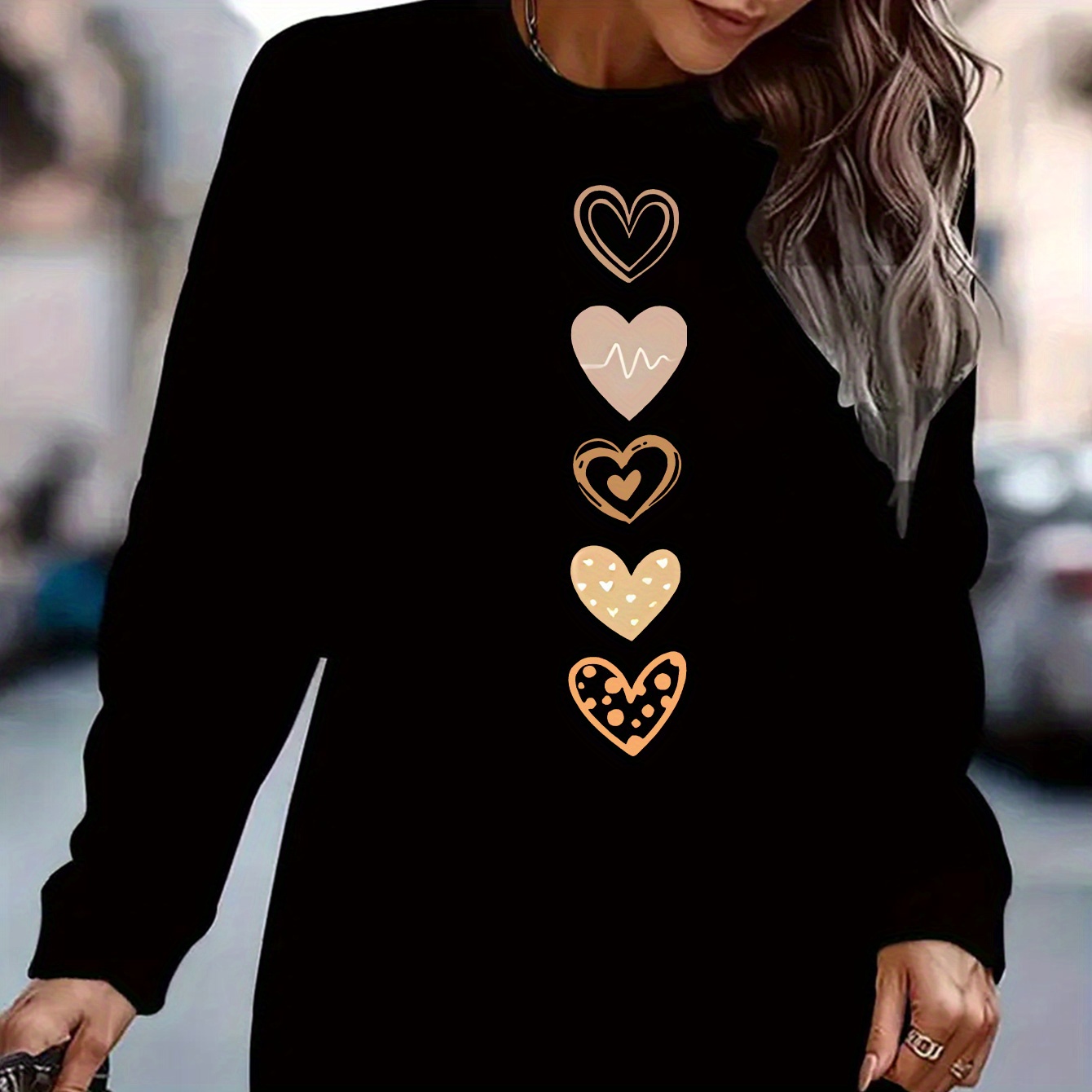 

Women's Casual Heart Print Sweatshirt Dress - Cozy Long Sleeve Crew Neck, Fall & Winter