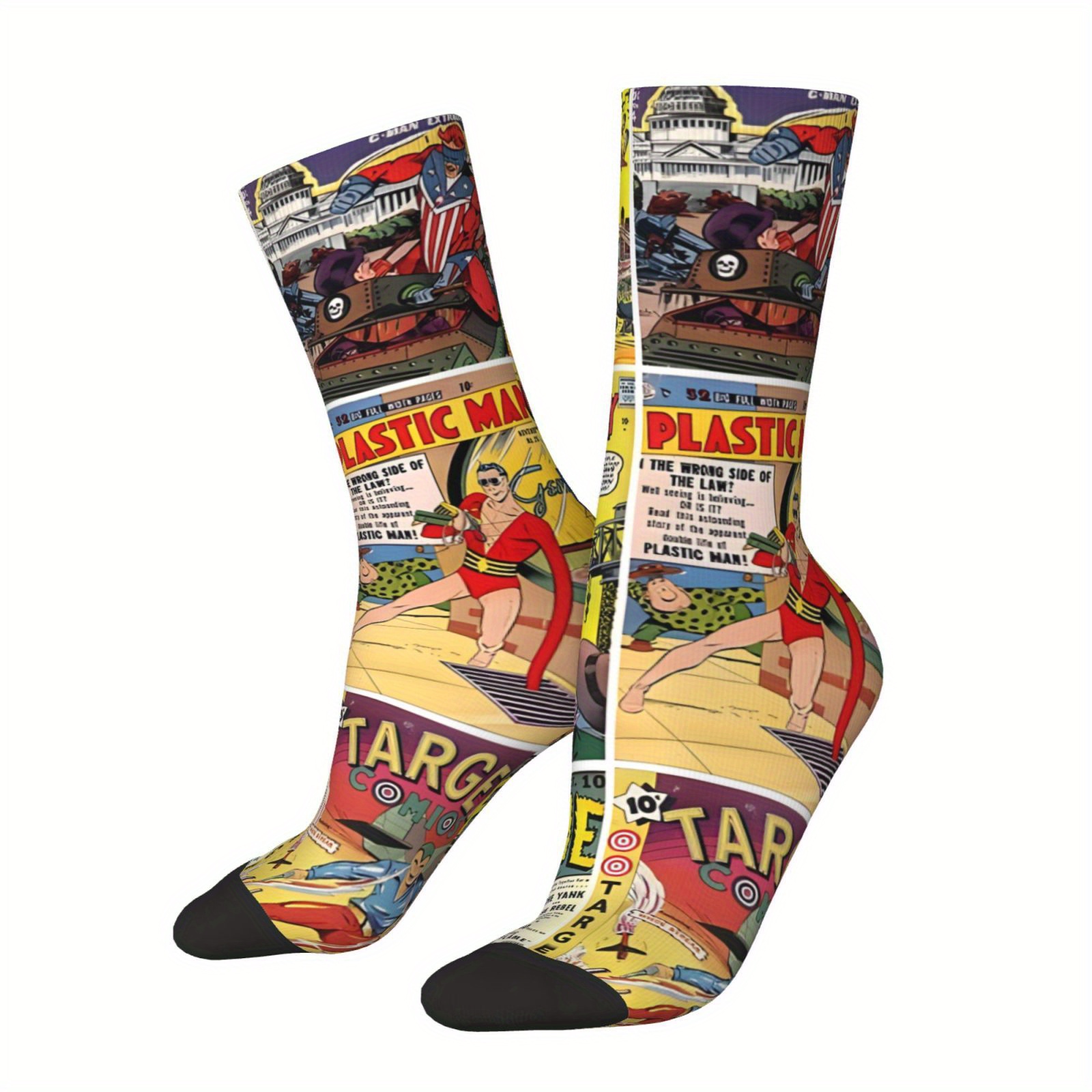 

1 Pair Men's Crew Socks - Retro Comic Book Splash Design, Polyester Knit Fabric With Elastane, Seamless Fun Novelty Graphic Print, Ideal For Hip Hop Fashion And Gifts, Hand Washable