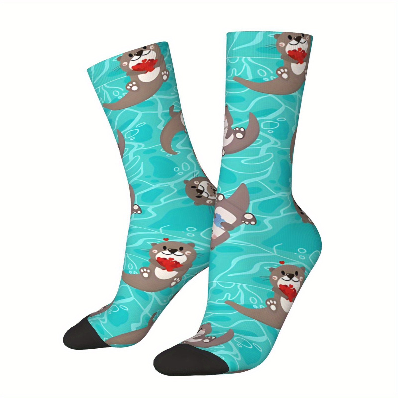 

Men's Crew Socks - Otter Theme, Polyester Knit Fabric With Stretch (95% Polyester, 5% Elastane), Casual Novelty Fun Print, Hand Washable - 1 Pair