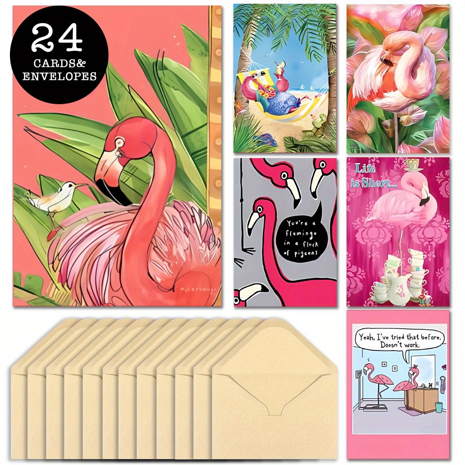 

24pcs Flamingo Greeting Card Set With Envelopes - Vibrant & For Encouragement, Thank You, Blessings - Perfect For Friends & Family On Christmas, , Thanksgiving