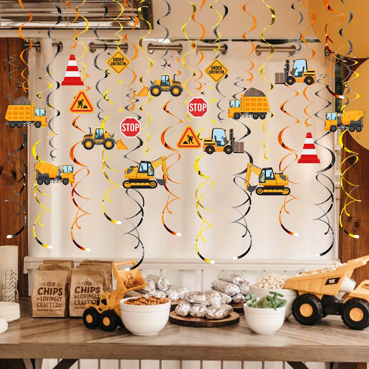 30pcs Construction Hanging Swirl Decorations, Construction Trucks Birthday Theme Streamers, Party Supplies, Stop Sign Worker Decor