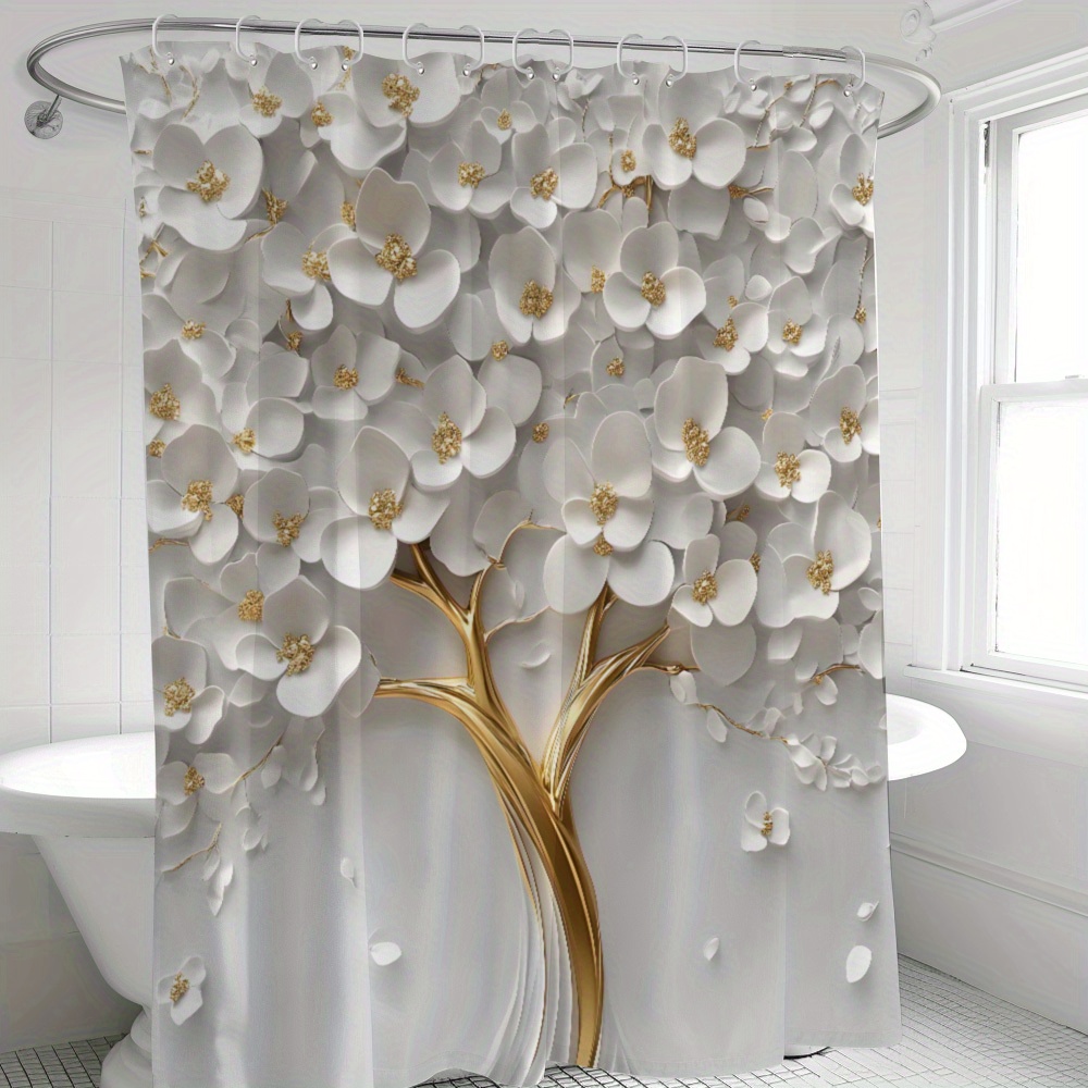 

Artistic Floral Bath Draperies With 12 Hooks - Woven Polyester Waterproof Bath , Machine Washable, White Flowers And Theme For Bathroom Decor By Suige Home