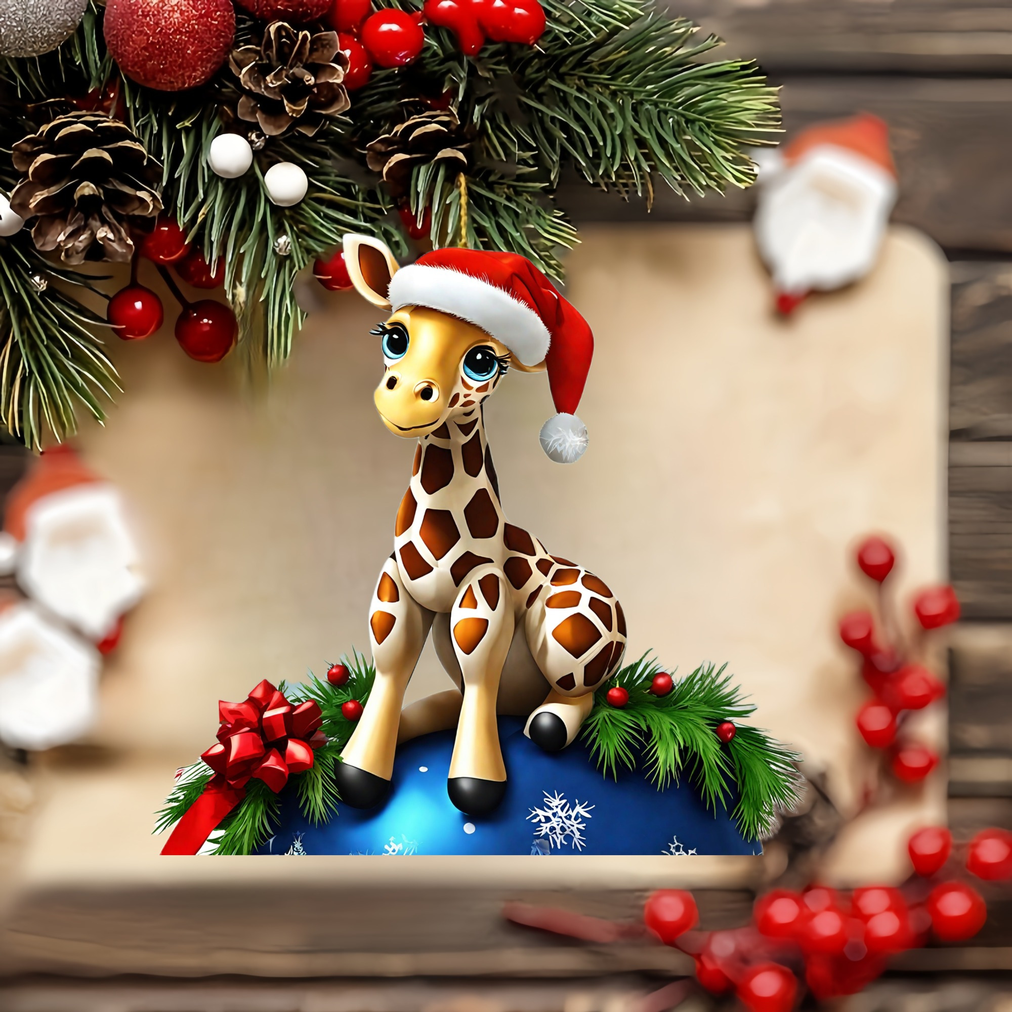 

1pc Acrylic Giraffe Christmas Ornament - Cute Giraffe With Santa Hat Hanging Pendant For Car Interior, Mirror, Bag, And Keychain Holiday Decoration