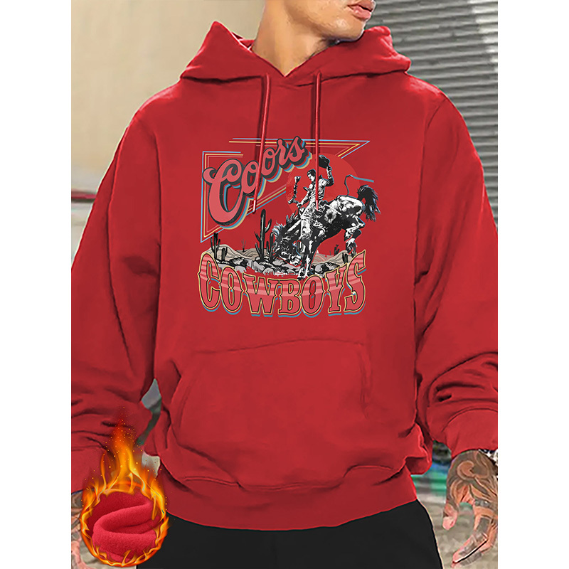 

Men's Vintage Western Cowboy Print Hoodie - Casual Pullover With Drawstring, Comfortable Long Sleeve Sweatshirt For Fall/winter