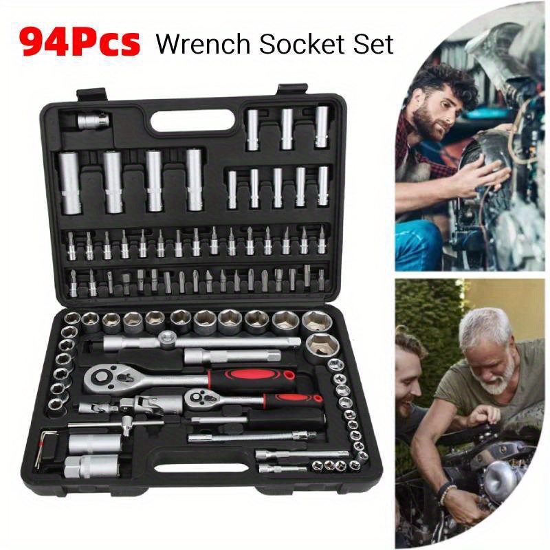 

94pcs Steel Wrench & Socket Set With Screwdriver Bits - Complete Mechanism Maintenance Kit For Cars, Trucks, Motorcycles - Includes Ratchet Handles, Extensions, In Organized Case