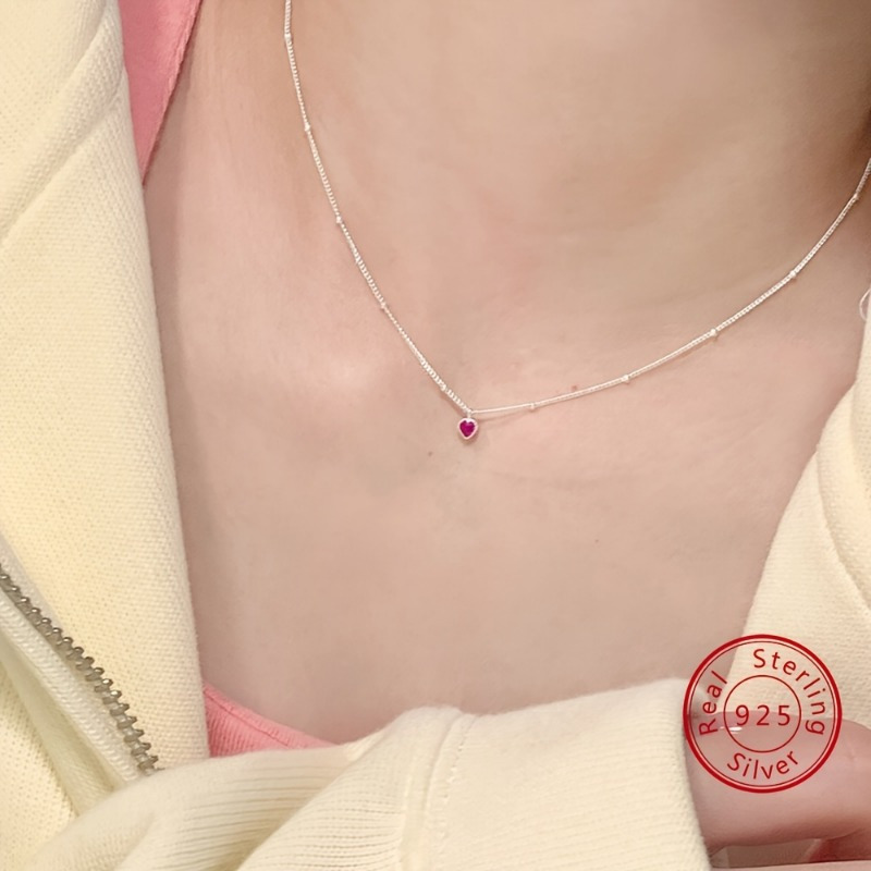 

A 925 Sterling Silver Exquisite Pink Love Zircon Necklace, Small Mini Zircon Collarbone Chain Necklace Accessories, Best Friends Birthday And Valentine's Day Gifts