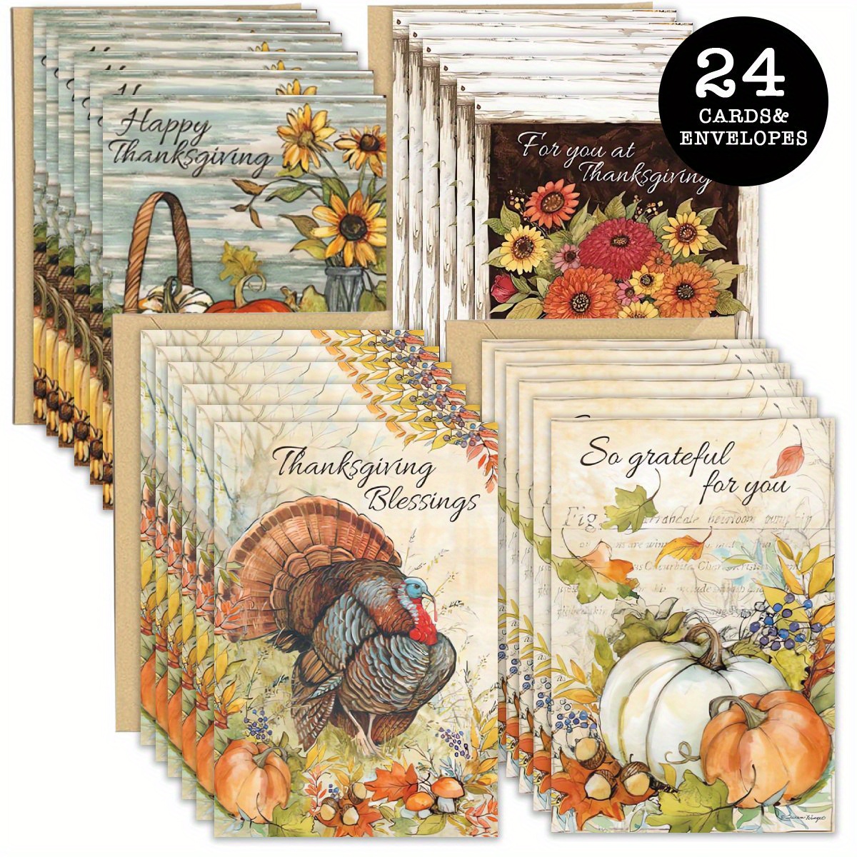 

24-pack Thanksgiving Cards With Envelopes, 4 Designs, Vintage Turkey & Pumpkin, Cards For Family & Friends, Festive Holiday Greeting, Easy Storage, Paper Material, No Feathers