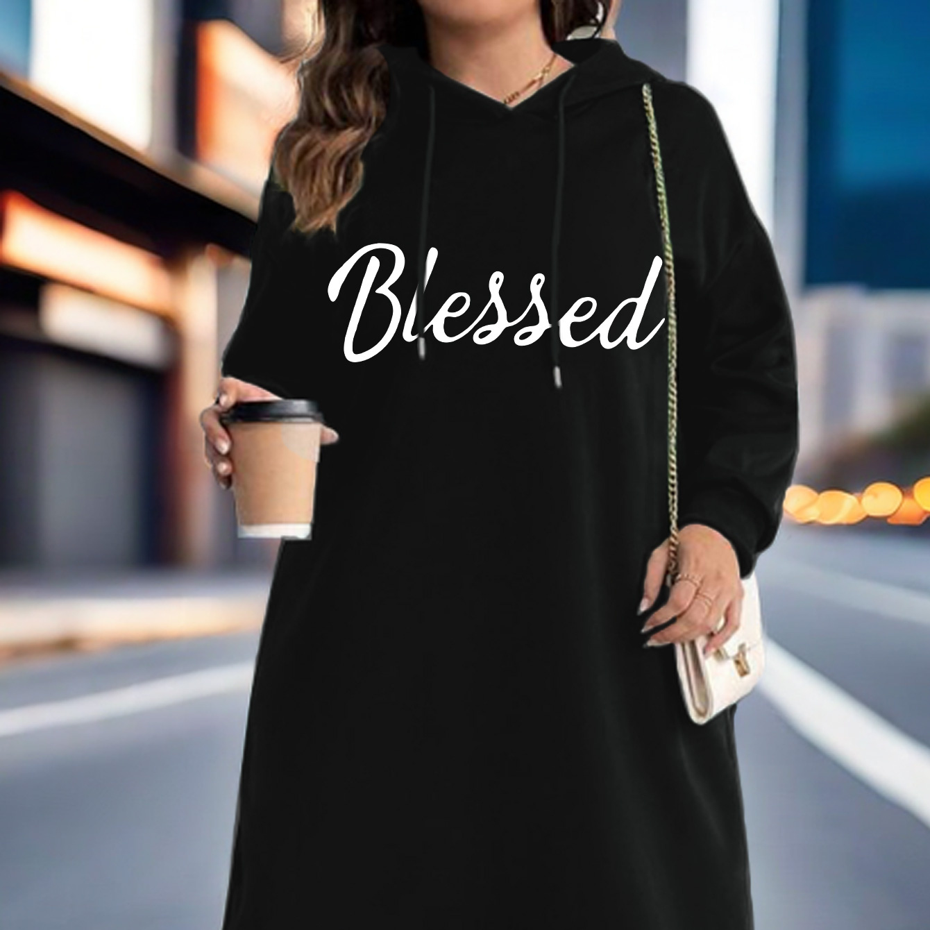 

Plus Size Blessed Print Drawstring Dress, Casual Long Sleeve Hooded Sweatshirt Dress, Women's Plus Size Clothing