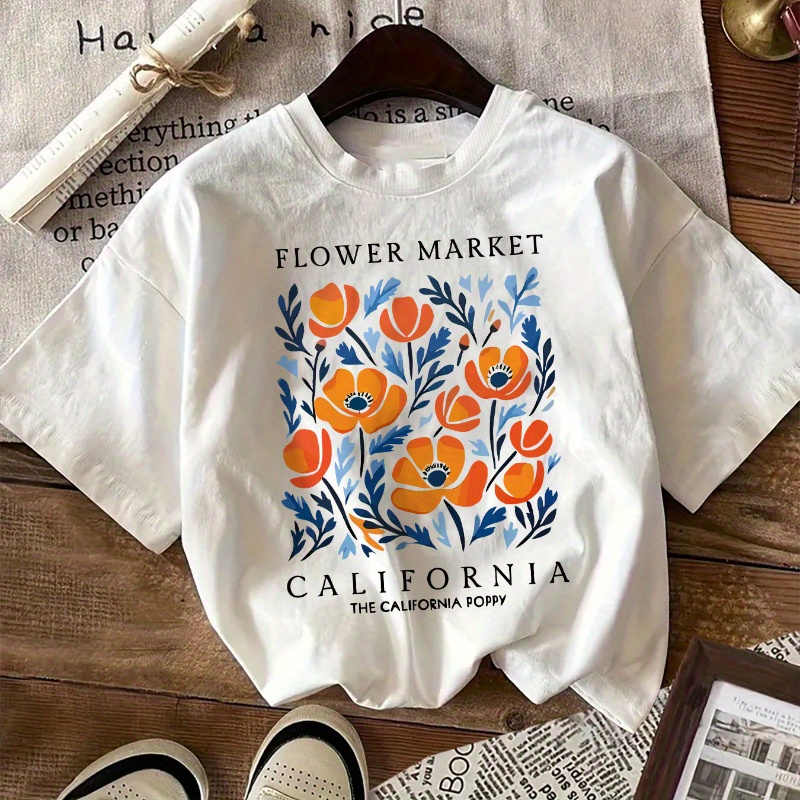 

California Floral Print Cotton T-shirt For Women - Casual Crew Neck, Short Sleeve Top, Machine Washable