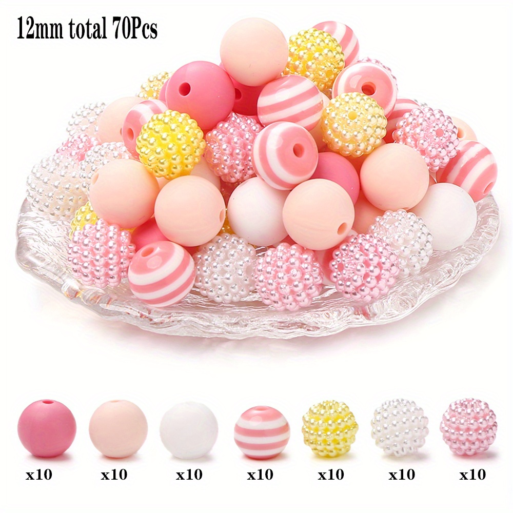 70pcs 12mm Silicone Resin Acrylic Round Beads Set Candy Color Printed Round Loose Beads Set For Jewelry Making Kits Bead Stringing Round Beads Pens Necklace Bracelet Earrings Decorative Gifts