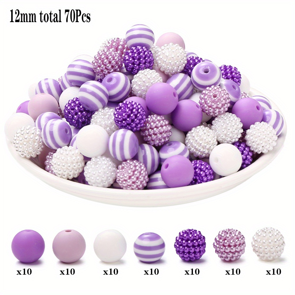 Image of 70pcs 12mm Silicone Resin Acrylic Round Beads Set Candy Color Printed Round Loose Beads Set For Jewelry Making Kits Bead Stringing Round Beads Pens Necklace Bracelet Earrings Decorative Gifts