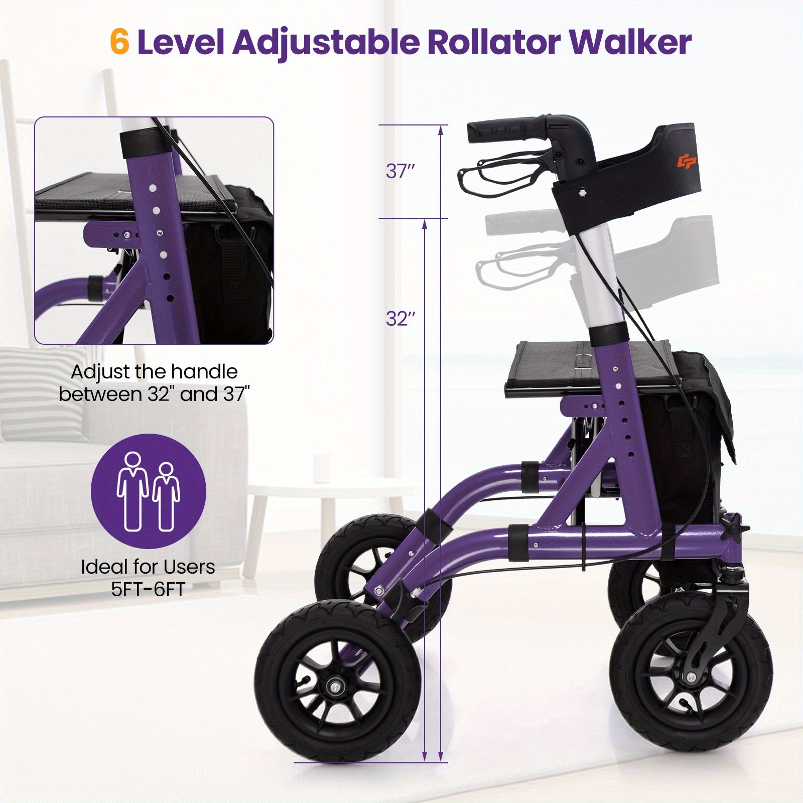 

Multigot Height Adjustable Rollator Walker, Foldable Rolling Walker With Seat, 9.5" All Terrain , Storage Bag, 350 Lbs Weight Capacity, Lightweight Rollator Walker For Seniors