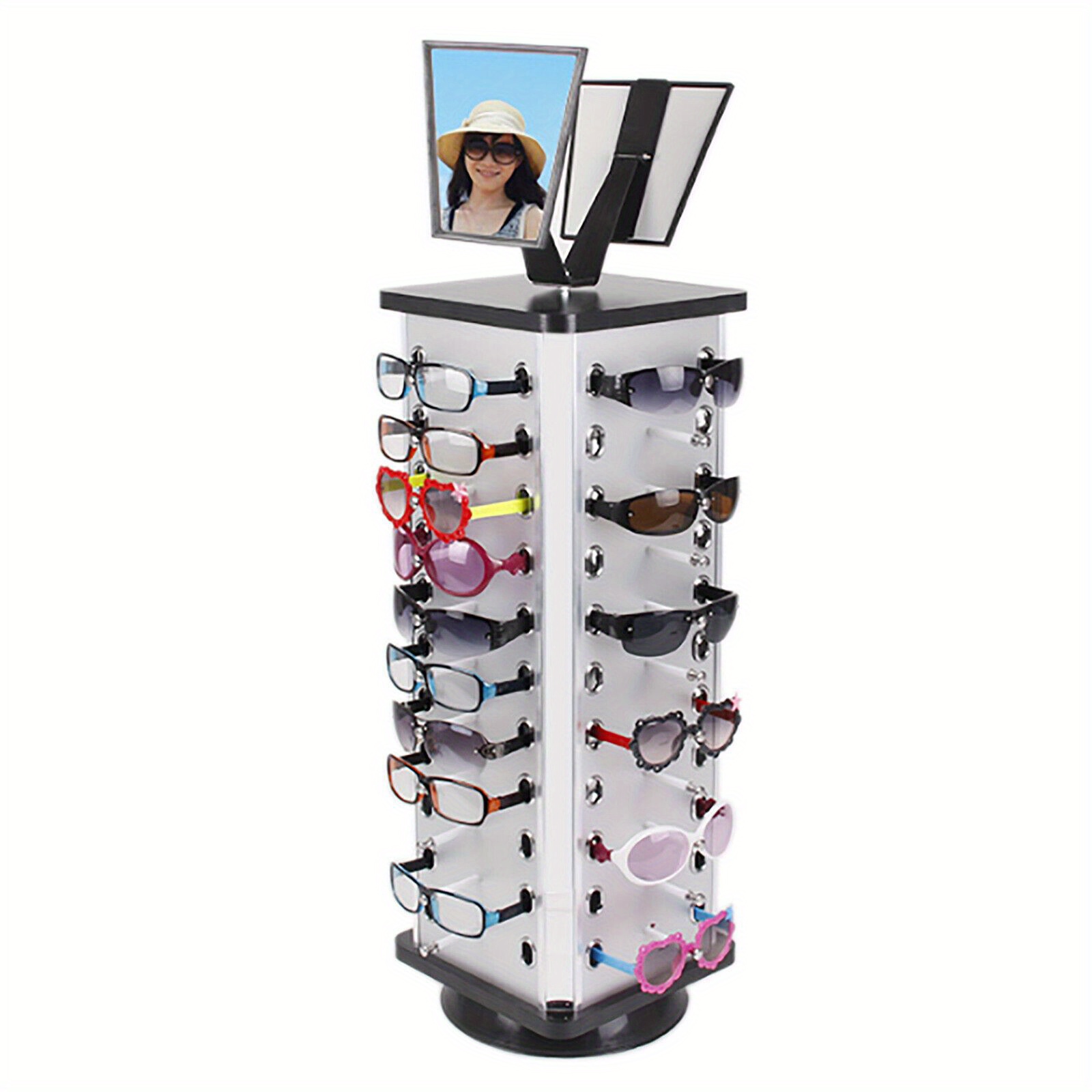 44 Slots Sunglass Stand Rotating Retail Rotating Optical Frame Display Case Showcase, 360° Rotate 44 Pairs Sunglasses Eyeglasses Display Stand Show Holder w/ Mirror, Rotating Square Sunglass Display Holder