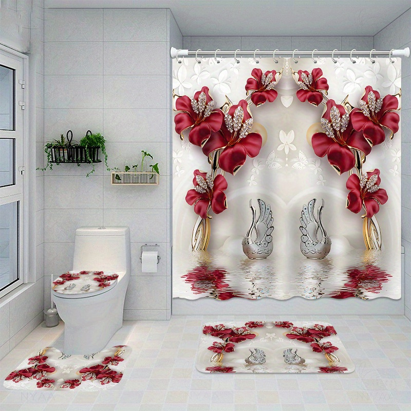 

Luxurious Bathroom Shower Curtain Set With 12 Hooks: Includes Toilet Seat Cover, Bath Mats, And Rugs - Non-slip, Washable, And Polyester Fabric