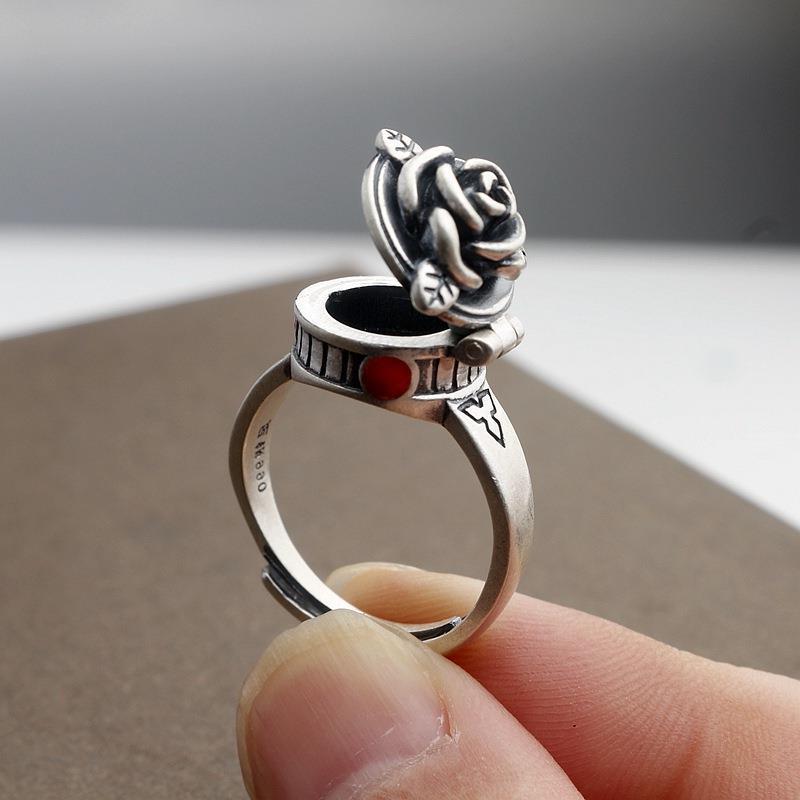 

1pc Exquisite Rose Flower Floral Engraved Lid Geometric Vintage Antique Silvery Opening Adjustable Ring Women Daily Gift Party Vacation